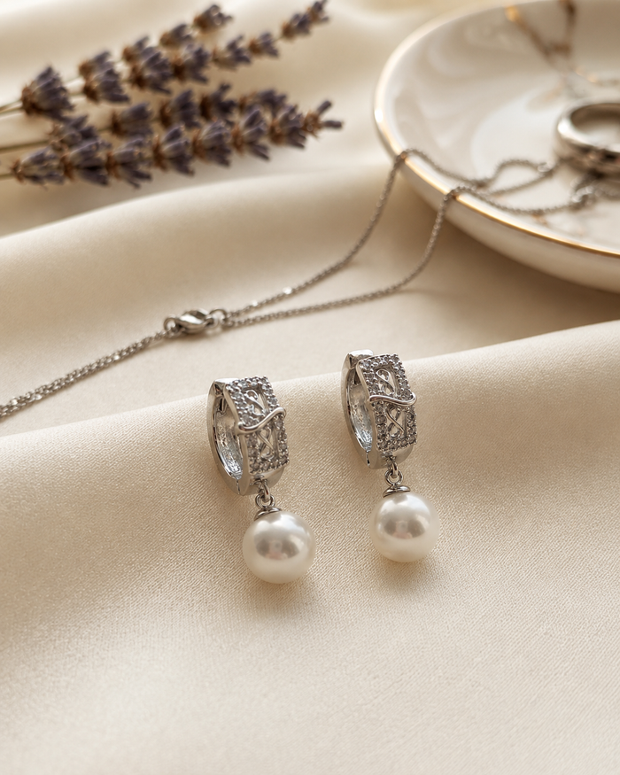 Lattice Pearl Drop Huggie Earrings